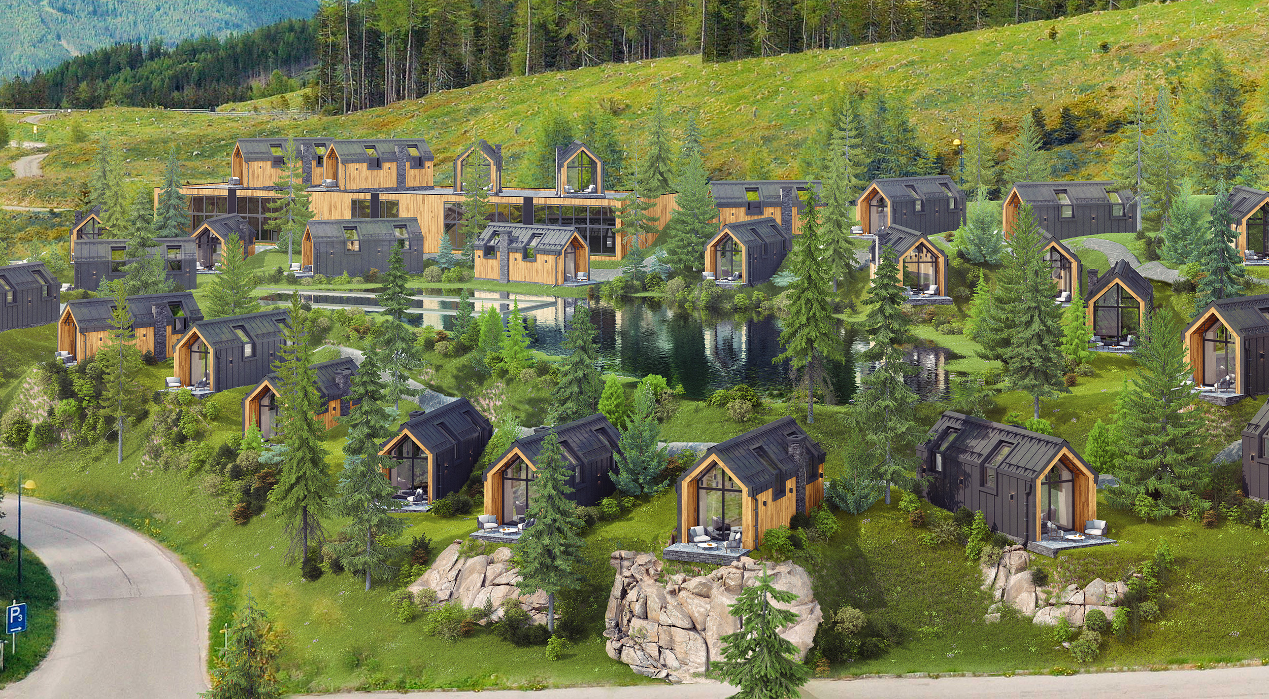 Architekturvisualisierung einer Wohnsiedlung in den Bergen